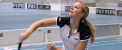 Anu Nieminen playing badminton.