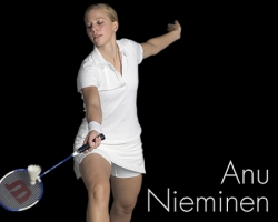 Anu Nieminen poster with Wilson badminton racket.