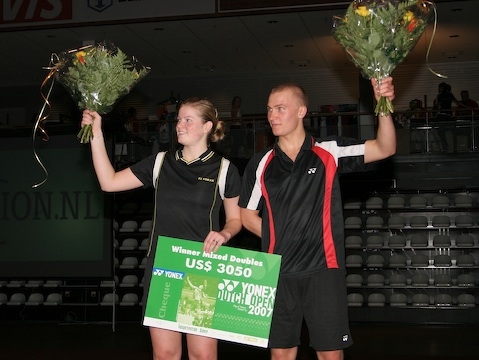 Christinna Pedersen and partner Rasmus Bonde-Nissen celebrating win at the Yonnex Dutch Open 2007.
