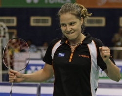 Germany's Juliane Schenk celebrates after defeating India's Aditi Mutatkar during their women's singles match at the World Badminton Championships in Hyderabad, India, Monday, Aug. 10, 2009.
