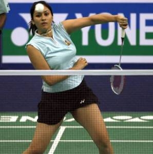 Jwala Gutta playing badminton.