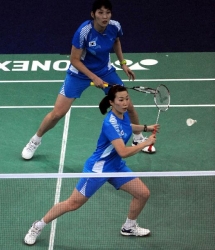 South Korea's Kim Min Jung and partner Lee Hyo Jung at the Malaysia Uber Cup badminton championships women's doubles quarterfinals against Russia's Valeria Sorokina/Nina Vislova.