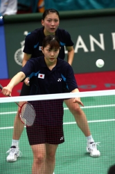 Reiko Shiota in a badminton doubles match.
